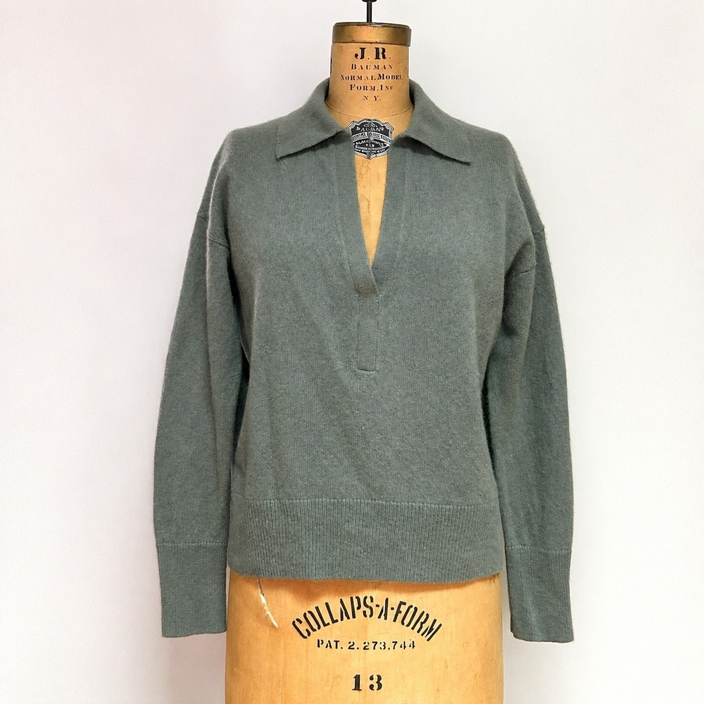 White + Warren 100% Cashmere Polo Sweater Womens M Green Collared Pullover